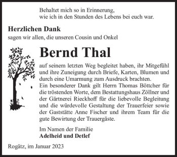 Traueranzeige von Bernd Thal  von Magdeburger Volksstimme