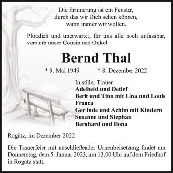 Traueranzeige von Bernd Thal  von Magdeburger Volksstimme