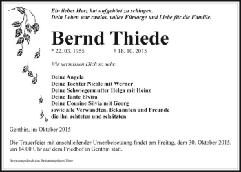 Traueranzeige von Bernd Thiede  von Magdeburger Volksstimme