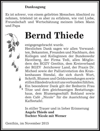 Traueranzeige von Bernd Thiede  von Magdeburger Volksstimme