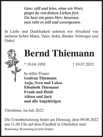 Traueranzeige von Bernd Thiemann  von Magdeburger Volksstimme