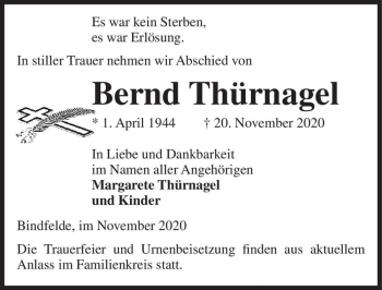 Traueranzeige von Bernd Thürnagel  von Magdeburger Volksstimme
