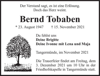 Traueranzeige von Bernd Tobaben  von Magdeburger Volksstimme