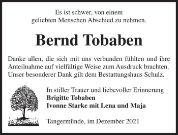 Traueranzeige von Bernd Tobaben  von Magdeburger Volksstimme