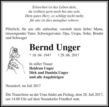 Traueranzeige von Bernd Unger  von Magdeburger Volksstimme