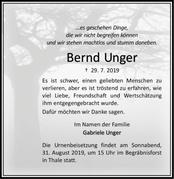 Traueranzeige von Bernd Unger  von Magdeburger Volksstimme