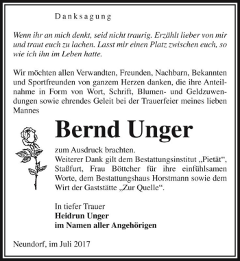 Traueranzeige von Bernd Unger  von Magdeburger Volksstimme