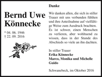 Traueranzeige von Bernd Uwe Könnecke  von Magdeburger Volksstimme