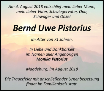 Traueranzeige von Bernd Uwe Pistorius  von Magdeburger Volksstimme