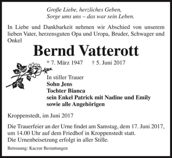 Traueranzeige von Bernd Vatterott  von Magdeburger Volksstimme