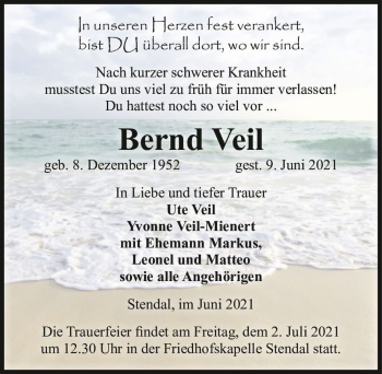 Traueranzeige von Bernd Veil  von Magdeburger Volksstimme