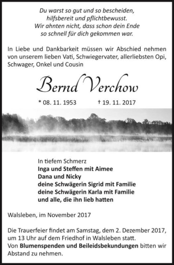 Traueranzeige von Bernd Verchow  von Magdeburger Volksstimme