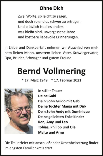 Traueranzeige von Bernd Vollmering  von Magdeburger Volksstimme