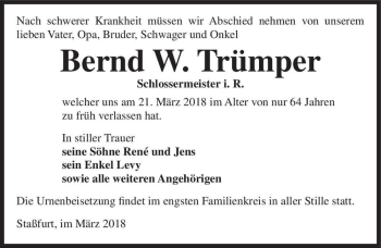 Traueranzeige von Bernd W. Trümper  von Magdeburger Volksstimme