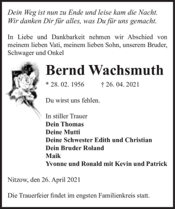 Traueranzeige von Bernd Wachsmuth  von Magdeburger Volksstimme