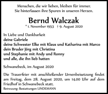 Traueranzeige von Bernd Walczak  von Magdeburger Volksstimme