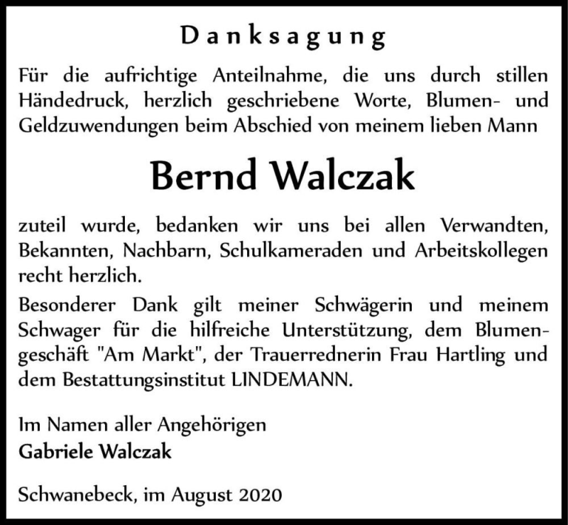  Traueranzeige für Bernd Walczak  vom 05.09.2020 aus Magdeburger Volksstimme
