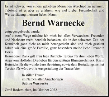 Traueranzeige von Bernd Warnecke  von Magdeburger Volksstimme