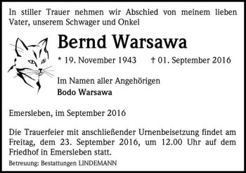 Traueranzeige von Bernd Warsawa  von Magdeburger Volksstimme