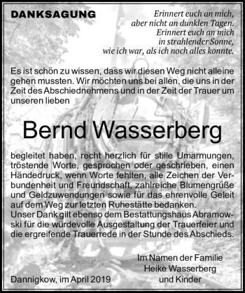 Traueranzeige von Bernd Wasserberg  von Magdeburger Volksstimme