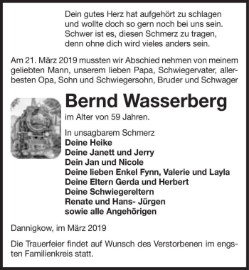 Traueranzeige von Bernd Wasserberg  von Magdeburger Volksstimme