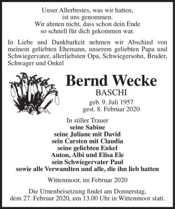 Traueranzeige von Bernd Wecke 