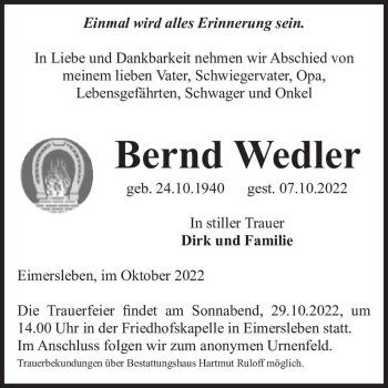 Traueranzeige von Bernd Wedler  von Magdeburger Volksstimme