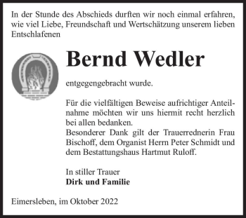 Traueranzeige von Bernd Wedler  von Magdeburger Volksstimme