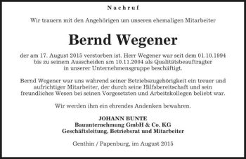 Traueranzeige von Bernd Wegener  von Magdeburger Volksstimme