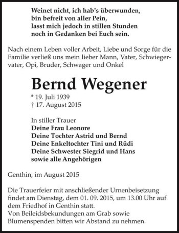 Traueranzeige von Bernd Wegener  von Magdeburger Volksstimme