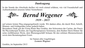 Traueranzeige von Bernd Wegener  von Magdeburger Volksstimme