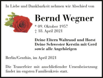 Traueranzeige von Bernd Wegner  von Magdeburger Volksstimme