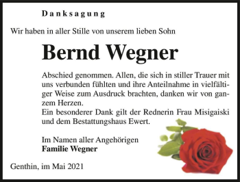 Traueranzeige von Bernd Wegner  von Magdeburger Volksstimme