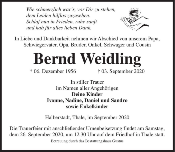 Traueranzeige von Bernd Weidling  von Magdeburger Volksstimme