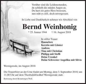 Traueranzeige von Bernd Weinhonig  von Magdeburger Volksstimme
