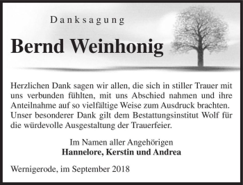 Traueranzeige von Bernd Weinhonig  von Magdeburger Volksstimme