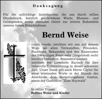 Traueranzeige von Bernd Weise  von Magdeburger Volksstimme