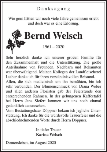Traueranzeige von Bernd Welsch  von Magdeburger Volksstimme