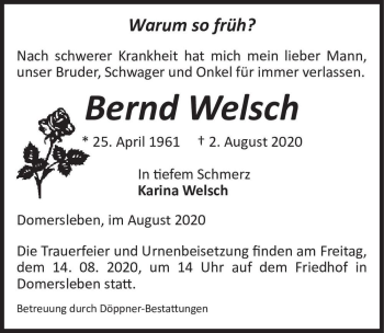 Traueranzeige von Bernd Welsch  von Magdeburger Volksstimme