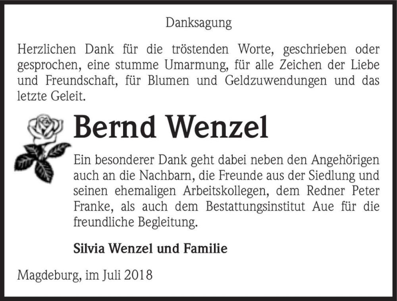  Traueranzeige für Bernd Wenzel  vom 28.07.2018 aus Magdeburger Volksstimme
