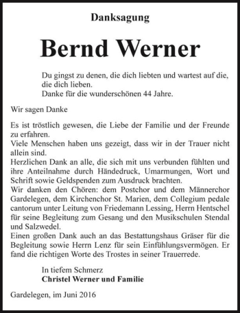 Traueranzeige von Bernd Werner  von Magdeburger Volksstimme