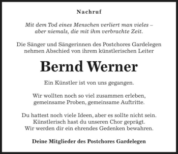 Traueranzeige von Bernd Werner  von Magdeburger Volksstimme