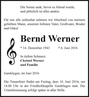 Traueranzeige von Bernd Werner  von Magdeburger Volksstimme