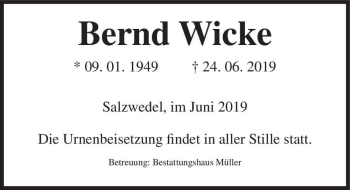 Traueranzeige von Bernd Wicke  von Magdeburger Volksstimme