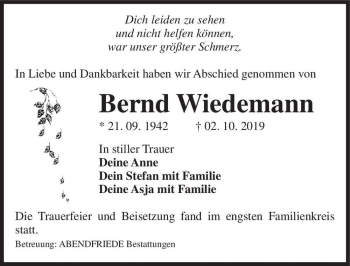 Traueranzeige von Bernd Wiedemann  von Magdeburger Volksstimme