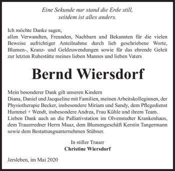 Traueranzeige von Bernd Wiersdorf  von Magdeburger Volksstimme