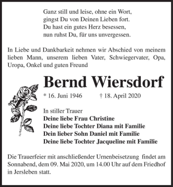 Traueranzeige von Bernd Wiersdorf  von Magdeburger Volksstimme