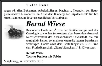 Traueranzeige von Bernd Wiese  von Magdeburger Volksstimme