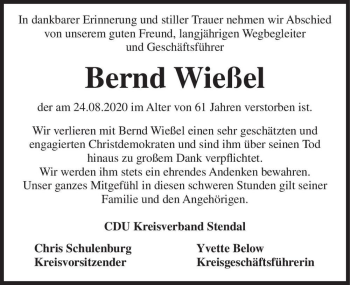 Traueranzeige von Bernd Wießel  von Magdeburger Volksstimme