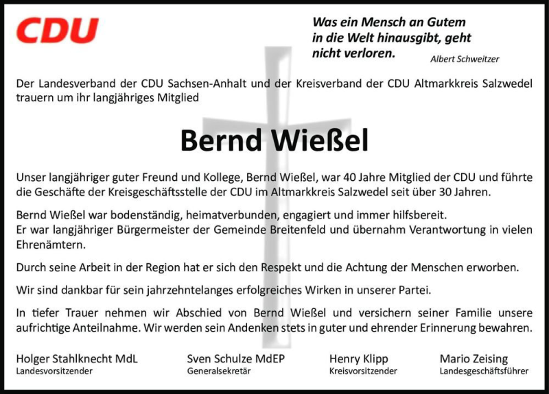  Traueranzeige für Bernd Wießel  vom 01.09.2020 aus Magdeburger Volksstimme